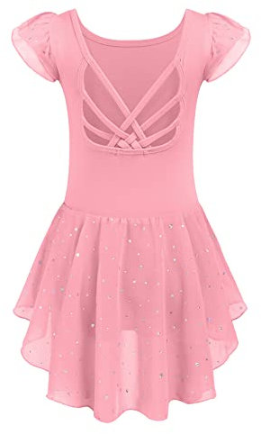 Arshiner Ballettkleid Mädchen Ballettanzug Baumwolle Balletttrikot Kurze Ärmel Ballettkleidung Dunkelrosa Strap-Cross Tanz Trikot mit Chiffon Rock Tütü 140/5-6 Jahre