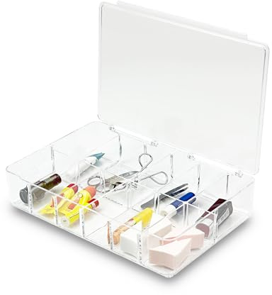 Addis Multi Compartment Clear Acrylic Make Up Cosmetic Craft Diy Storage Organiser Box With Lid, Clear Acrylic, 6.5 - Height