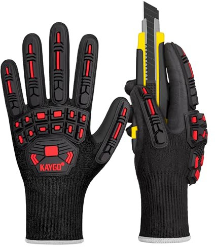KAYGO gants de travail anti choc avec protection TPR, résistant aux coupures classe C, revêtement nitrile, bonne adhérence, idéal pour constructeur, charpentier, bricolage (Noir Rouge, XL, taille 10)