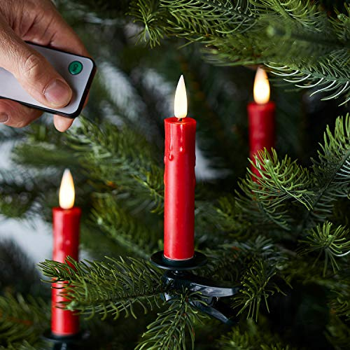 Lights4fun TruGlow® Set di 10 Candele Rosso per Albero di Natale a Pile con LED Blanco Caldo Fiamma Tremolante con Mollette Timer e Telecomando