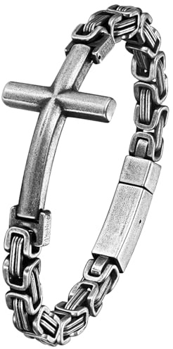 Flonge Men's Cross Christian Bracelet: Hip Hop Cross Pendant Byzantine Chain Bracelets Punk Stainless Steel Link Bracelet