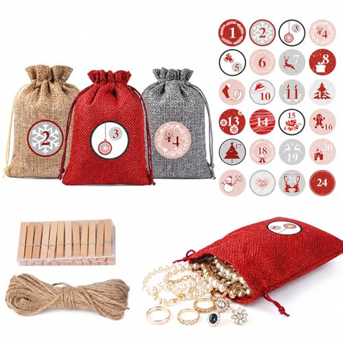 OZNXWRYY Sacchetti Calendario avvento 24 Pezzi con Numeri Adesivi e Clip in Legno 10x14 cm Sacchetti Natalizi con Corda Juta per Natale Decorazioni Fai da Te Conto alla rovescia Regali