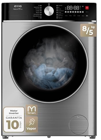 EVVO Lavadora-Secadora Nature M8/5X Inox, 8 kg + 5 kg, 1400 rpm, Motor BLDC Inverter, Steam Wash, M-Smart One-Touch, Lavado Rápido 15’, Fin Retardado 24h, 16 Programas, Libre Instalación