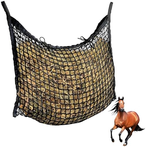 Tkxjry 90 x 80 cm Red de heno para Caballos, Red De Heno, Red para Heno, Malla De Heno Grande, Red Henera para Caballo, Redes Comedero de Heno y Pienso, para Cabras, Animales, Caballos (Negro)