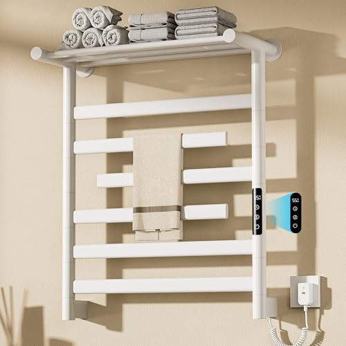 360W Scaldasalviette Elettrico Parete Termoarredo Elettrico Bagno con ripiano Superiore, Radiatore Scaldasalviette con 5 Barre (3 Barre Girevole 180°), Controllo Tattile 35-70°C, IPX4, Bianco