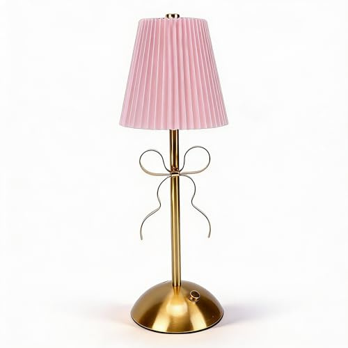 Bewinner Bow Bordslampa, Uppladdningsbar LED-tyg Skärm Skrivbordslampa med Pekkontroll, Söt Dekorativ Nattlampa för Sovrum, Hemhotell och Flickrumsinredning (Rosa)
