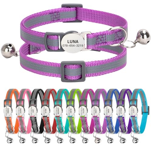 Personalised Reflective Cat Collar with Name Tag,Quick Release Kitten Collars with Bell Safety Buckle, Adjustable Nylon Cat Collar for Cats Kittens UK Prime (19–30 cm, Purple Strip)