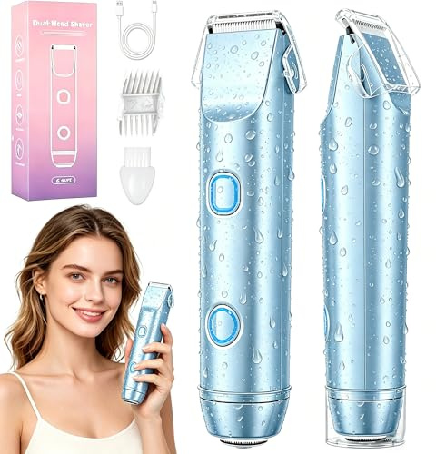 Bamkmbe Rasoio Elettrico Donna, 2 in 1 Impermeabile Depilatore Corpo Donna, bikini a doppia testa, Tagliapeli corporeo per donna Epilatore, IPX7 Display LED Uso a secco/bagnato, Viso e Corpo (Blu)