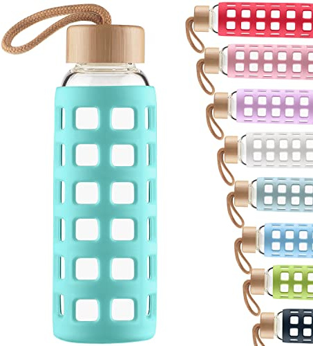 Cleesmil Sports Glass Water Bottle with Silicone Sleeve with Bamboo Lid BPA Free 360 ml (Aqua Blue)