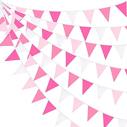 10M/32.8 Ft Rose Pink Bunting Banner Fabric Flag Cotton Pennant Cloth Bunting Triangle Garland for Wedding Birthday Baby Shower Anniversary Nursery Outdoor Garden Hanging Festivals Party Decorations