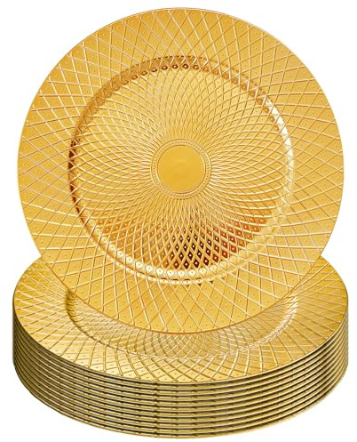 Frcctre 12 Pack Round Charger Plates, 13 Inch Decorative Gold Plastic Charger Dinner Plates, Reusable Elegant Diamond Pattern Serving Plate for Wedding, Dinner Party, Event Table Decoration