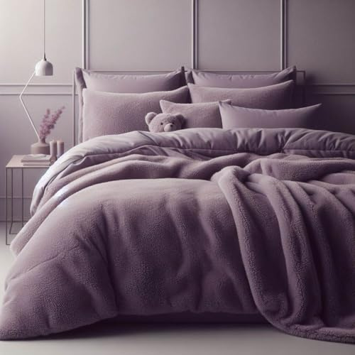Comfort Collections Teddy Bear Duvet Cover Set Super Soft Fleece Warm Winter Quilt with Pillowcases Lilac Double 200cm x 200cm Approximate
