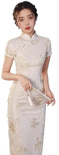 FOIDL Abito estivo da donna vintage midi cheongsam con collo alla coreana cinese Qipao manica corta (Color : White, Size : M)