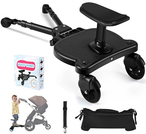 BugyKido Planche Poussette Universelle avec Siège, Marche Pied Poussette Universelle, pour Enfants de 2 à 6 Ans (25KG), Compatible Avec 99% des Poussettes, Noir avec Sac de Rangement