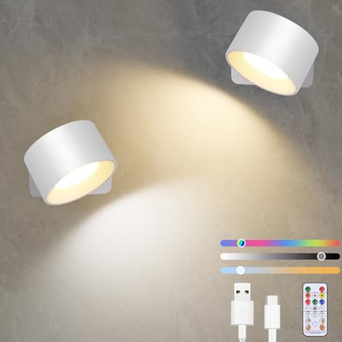 Diealles Shine LED-vägglampa inomhus 2 stycken, uppladdningsbara vägglampor med 3 ljusstyrkor och 3 färger, 360° vridbar touch-kontroll batteri vägglampa för sovrum kök vardagsrum (vit RGB)