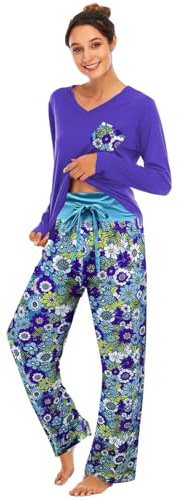 Famulily Pijamas Cómodas para Mujer, Conjunto de Pijamas para Damas con Estampado Floral de Manga Larga Top de Ropa de Descanso y Pantalones de Pierna Ancha Conjunto de Pijamas Ropa de Noche Ropa de