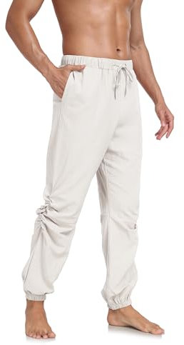 Jacansi Herren Baumwolle Leinen Hose Kordelzug Elastische Taille Freizeithose Casual Jogger Yoga Hose Weiß L