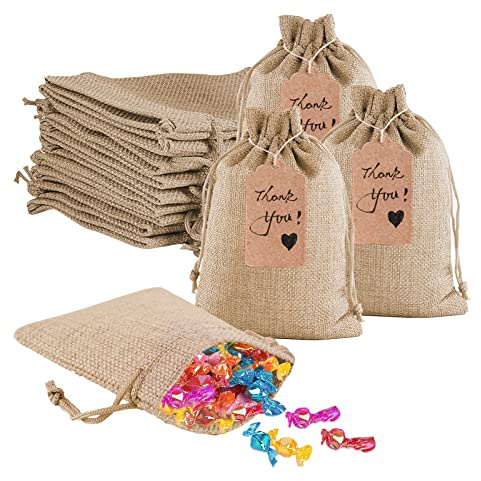 Penubuy 12 x 18 cm tygpåse med dragsko, 24 st jutepåsar, presentpåse med kraftpappersetiketter för konst och hantverk, gör-det-själv smycken, bröllopsfest, present Essentials (primär färg-stor)