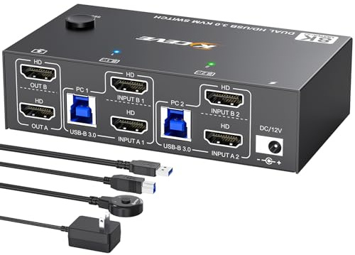 8K HDMI KVM Switch 2 Monitores 2 Computadoras 8K@60Hz 4K@144Hz, MLEEDA USB 3.0 Dual Monitor KVM Switch 2 PC Comparte 2 Monitor y 4 Puertos USB 3.0, Control Remoto y Cables Incluidos
