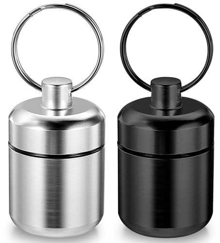 2 Stück Pillendose Schlüsselanhänger Mini Pill Case Φ 2,96 cm Wasserdicht Tragbare Pillendose Metall Tablettenbox Pillenbox Mini mit Schlüsselanhänger Aufbewahrungsbox Medizin Pillendosen für Reise