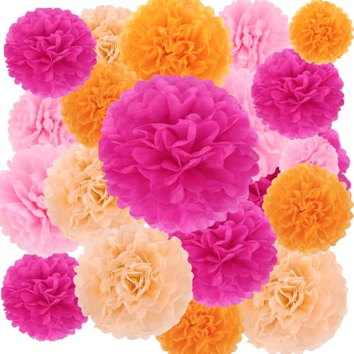 BestoFun Lot de 16 Pompons en Papier de Soie Roses et Oranges - Décoration Automne pour Mariage, Décoration de Table, Fête d'Anniversaire, Fête, Jardin