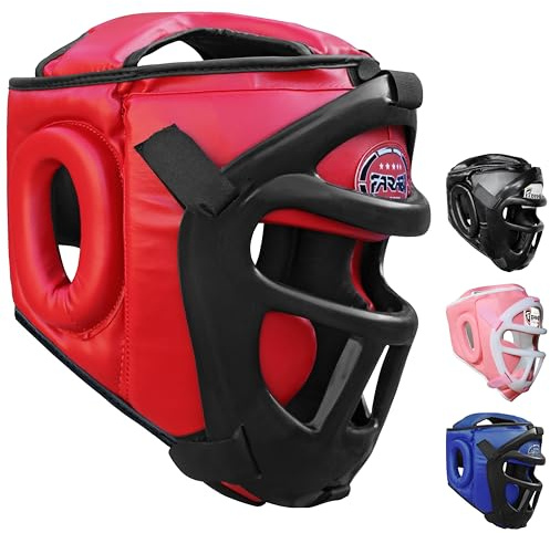 Farabi Sports Boxing MMA Muay Thai Fitness Kick Boxing Head Guard Head Protector Helmet Front Bar (M, Red)
