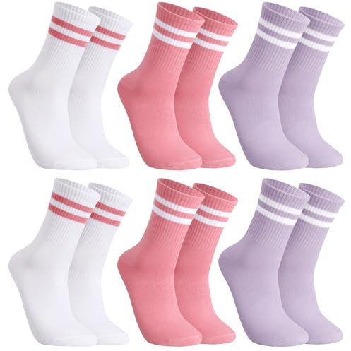 taonganui 6 Paar Tennissocken für Damen Sportsocken Damen 39-42 Laufsocken Tennis Sport Socken mit Streifen Baumwolle Socken Crew Socks Arbeitssocken, Rosa, Lila, Weiß