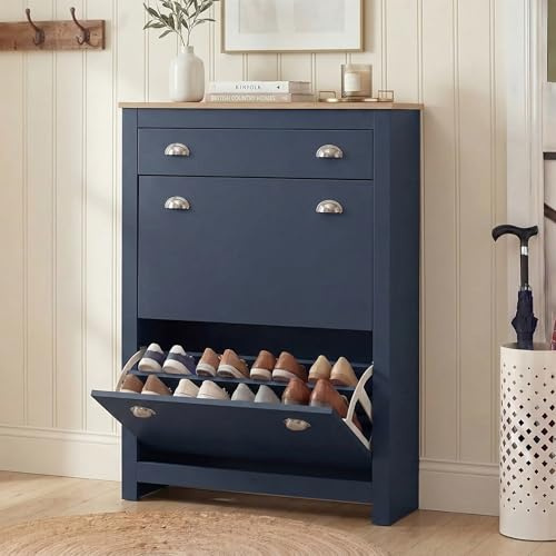 Blisswood Shoe Cabinet, Wooden Shoe Storage Unit with 2 Flip Drawers & 1 Open Drawer, Freestanding Shoe Rack Organiser, Adjustable Shelves, Cupboard for Entryway Footwear Stand Hallway Furniture_Blue