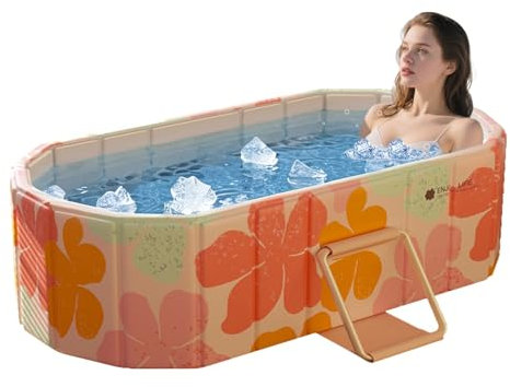XUDREZ Vasca Da Bagno per Ghiaccio E Vasca Da Bagno Calda Portatile Pieghevole per 1 Persone, PVC Autoportante Pieghevole Senza Coperchio, Vasca per Adulti Bambini, Stampa arancione 1,2m