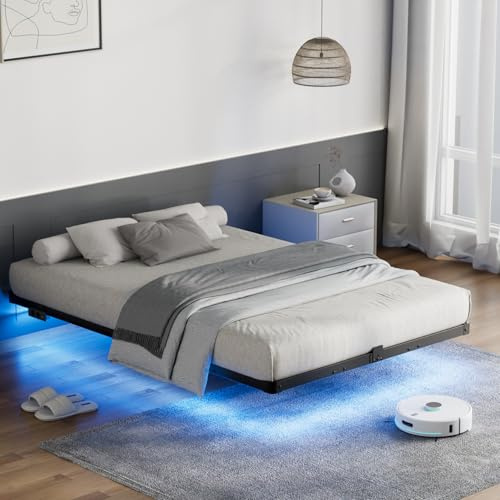 Funshed Bettgestell 140x200, Modernes schwebendes Bettgestell 140x200 mit USB-Ladeanschluss, intelligente LED Beleuchtung, Bettrahmen 140x200cm, Stabiler und Solider Metallrahmen