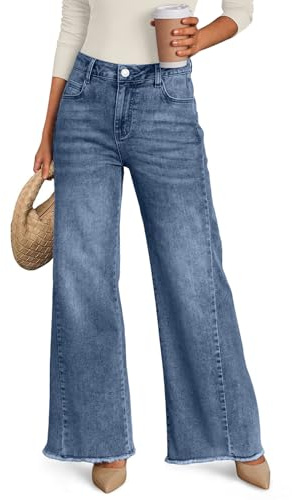 Trendy Queen Women's Wide Leg Jeans, Relaxed Loose Straight Leg with Raw Hem, Comfort Denim Pants Blue 6