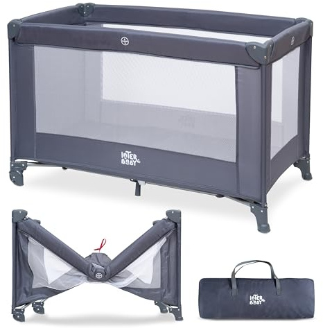 Interbaby - Cuna de Viaje Bebé Plegable con Ruedas y Bolsa de Transporte, Parque Cuna 2 en 1, Ligera y Compacta, Malla Transpirable, Compatible 120x60 cm, Desde Nacimiento hasta 3 Años (15 kg) (Gris)