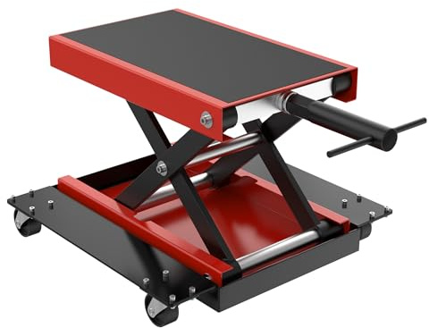 XMTECH Elevador de motocicleta con placa inferior de 500 kg, elevador de tijera de altura ajustable de 125 a 375 mm, elevador de motocicleta con 4 ruedas para reparación y mantenimiento, extra estable