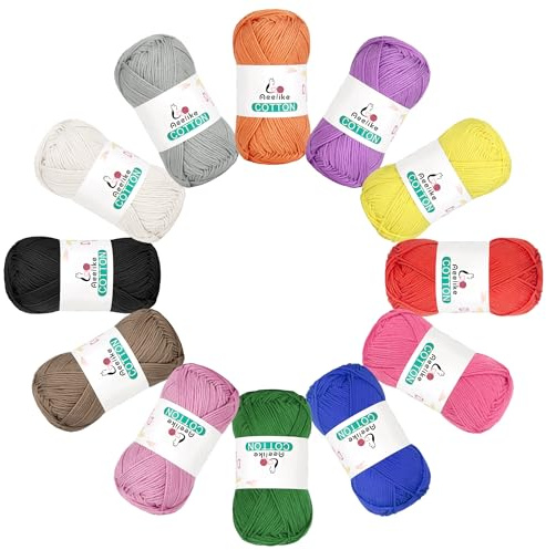 Aeelike 12 Pack Multi Coloured Double Knitting Yarn Set 600g - 4 Ply 100% Cotton Yarn 50g/125m, Sport Weight CYC #2 - Soft Cotton Crochet Yarn for Crocheting Amigurumi or Knitting Dishcloths