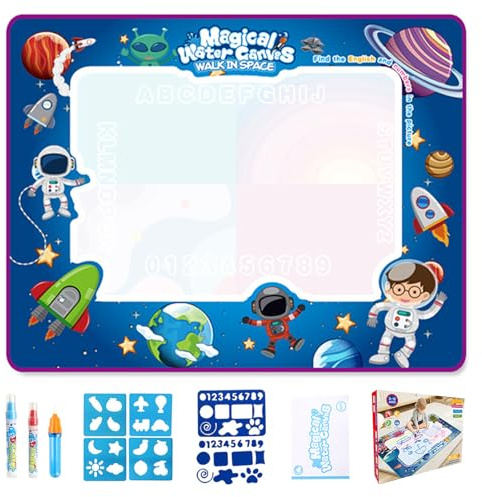 Water Paint Mat, Painting Writing Coloring Mat with Templates and Pens, Stamps, Molds No Coloring Painting Educational Toys, Reusable Endless Fun with Water-based Drawing Interstellar Space 100*80cm