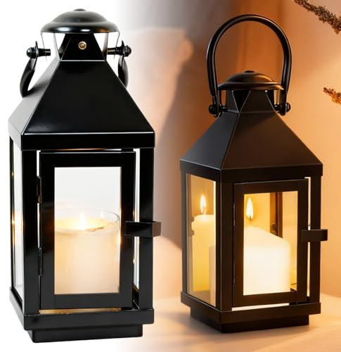 Lanterna nera in metallo 22 cm, resistente alle intemperie, per esterni, giardino e cimitero, portacandele da giardino, portacandele in metallo, decorazione retrò per balcone, Natale, tavolo