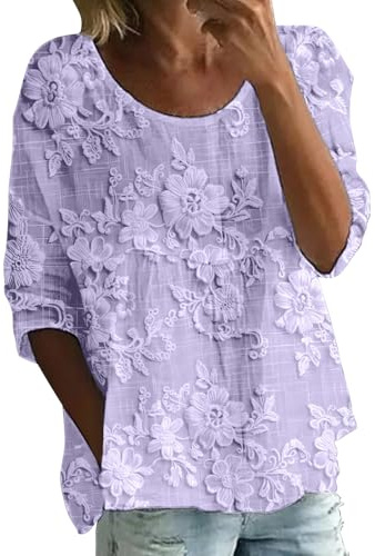 Linen Tops for Women UK Cotton Linen Boho Floral Printed Tunic Tops Ladies Blouses Summer Casual Beach Vacation Clothes, Z01-Purple, 4XL