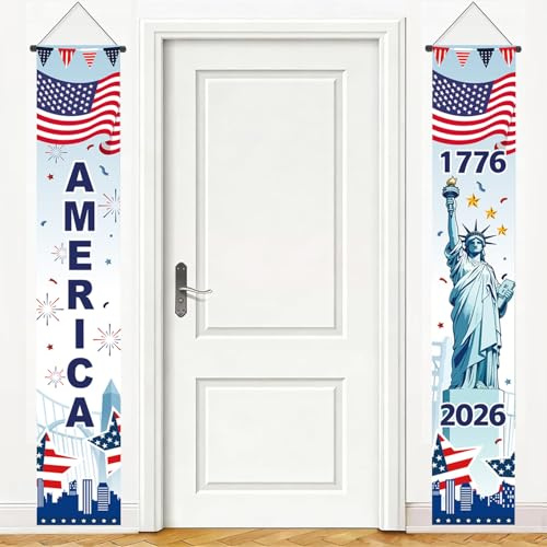 AhfuLife 250 Years Anniversary USA Hanging Porch Banner for 4th of July, 250 Anniversary America Patriotic Themed Hanging Couplet Door Banner for Independence Day, Bar, Street, Home Decorations