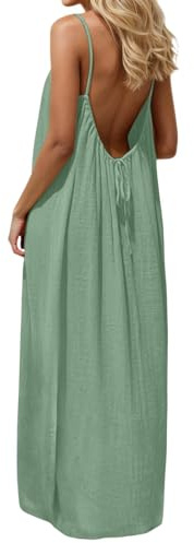 Générique Robe Caraco Dos Nu pour Femme d'été 2026 sans Manches, Longue Robe d'été décontractée, Robe d'été Fluide à Dos Ouvert pour Les Vacances, la Plage, la Maison, Couleur Unie