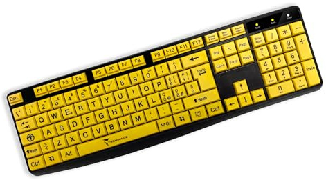 TECHMADE Tastiera per computer con filo per non vedenti (con lettere grandi), USB 2.0 ad alto contrasto con lettere di stampa sovradimensionate su sfondo giallo per persone ipovedenti e anziane