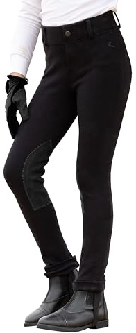 HORZE Nora Girls Riding Pants with Leather Knee Patch | Kids Equestrian Girls Jodhpurs Breeches | Size Chart in Images - Black - L