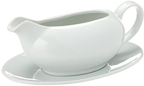 Concept4u Roast Kitchen Wedding Gravy Boat 550ml with Saucer Party Dish Dinner Tableware Sauce Jug Serving, Porcelain, White