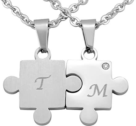 Hanessa Personalisierte Kette mit Gravur Edelstahl 50 cm mit Anhänger Herz Puzzle in silber - Personalisierte Halskette für Freundin oder Freund - Personalisierter Schmuck Freundschaft