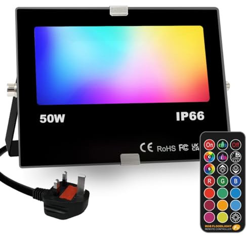 HEKEE LED FloodLight Outdoor 50W, Colour Changing RGB Flood Light, Timing, Remote Control Included, IP66 Waterproof