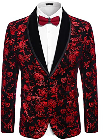 COOFANDY Mens Red Blazer Velvet Tuxedo Jacket Regular Fit Wedding Prom Wedding Dinner Jacket