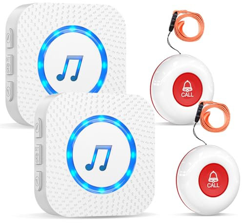 ChunHee Wireless Caregiver Page, Call Bell Alarm, SOS Panic Button for Elderly 500Ft/150m, Home Alarm System for Elderly Patient with 2*UK Plug-in Receiver & 2*Waterproof Transmitter