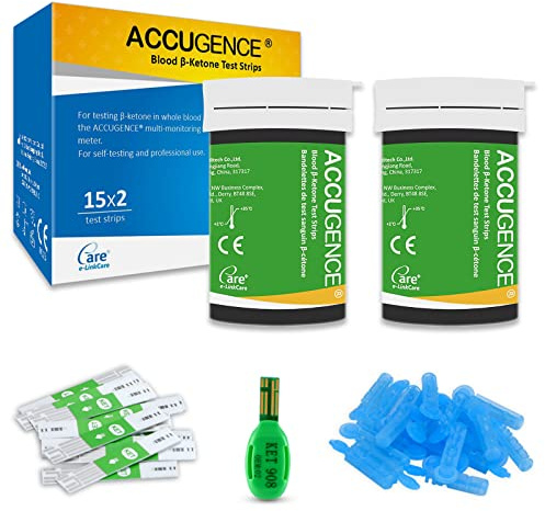 ACCUGENCE Strisce Reattive per Chetone nel Sangue 30 pezzi e 30 Lancette, Strisce Chetone (Compatibili con il Misuratore Multifunzionale ACCUGENCE 3in1)