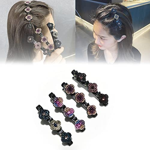 chiLUER Pince à Cheveux latérale à Trois Fleurs - Bandes à Cheveux en Tissu satiné, Pince à Cheveux en Strass trèfle, Bandeau à Double Couche à la Mode