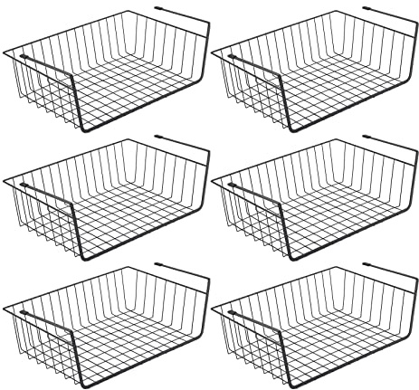 GENIYA Under Shelf Basket, 6PCS Hanging Storage Basket for Pantry Cupboard Laundry Room Slide-in Baskets Organizer for Kitchen Counter Desk Bookshelf, Space Saving, Easy to Install, Black