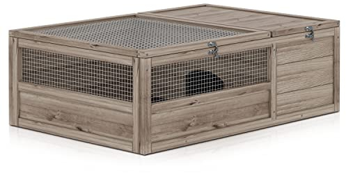 MoNiBloom Wooden Tortoise Habitat House Indoor/Outdoor Enclosure, Home Small Animal Breeding Box Amphibians Enclosure Cage Reptile for Gecko Lizard Snake 37 x 25.5 12 in, Grey (A41-HUT-011-GY)
